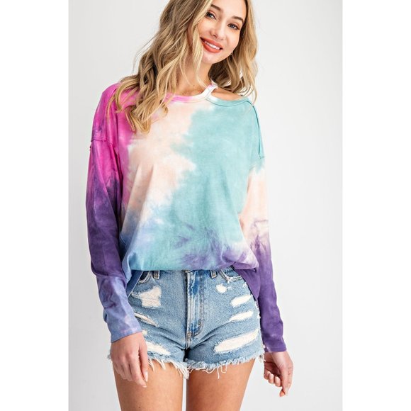 143 Story Tops - 143 Story Shoulder Cut Out Tie Dye Top
